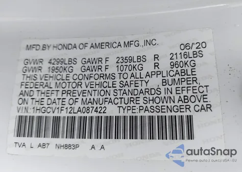 2020 Honda Accord Lx из США, поврежденный, VIN 1HGCV1F12LA087422